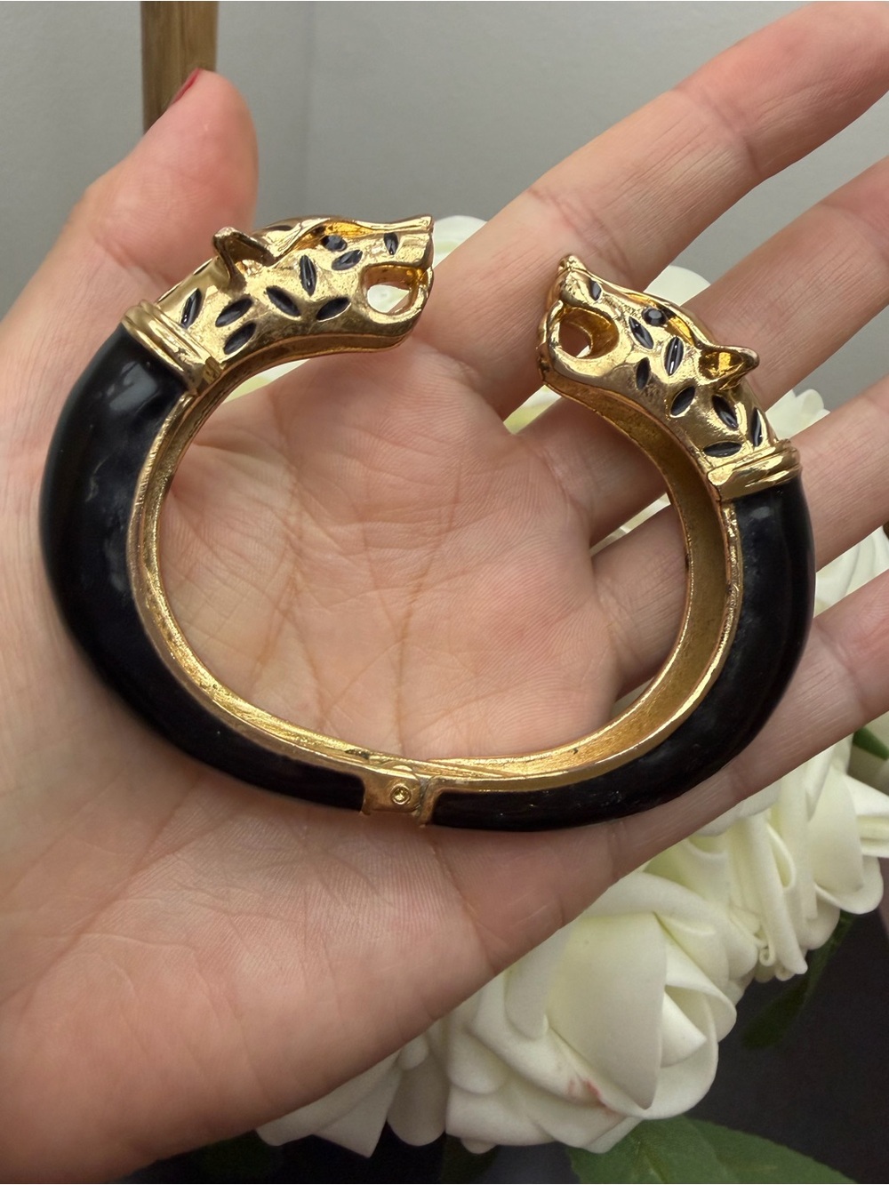 Gold and Black Panther Head Hinged Bracelet - Women Jewelry - Picture 2 of 6